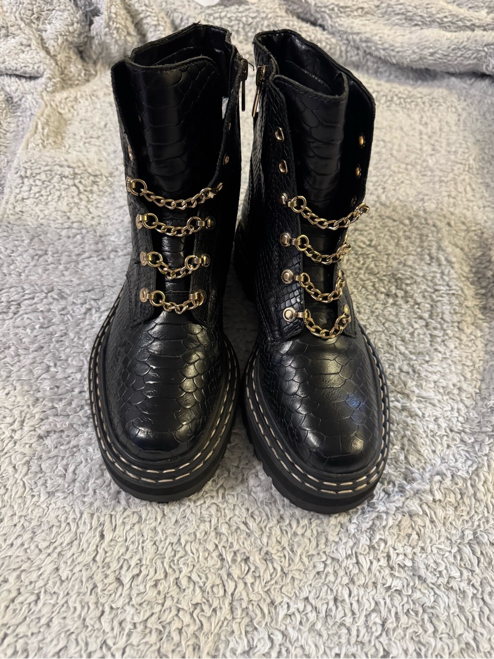 Vince Camuto Black Faux Snakeskin Combat Boots with Gold Chain Detail